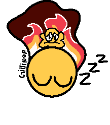 a face with emoji-yellow skin, closed sleeping eyes and three z's next to their head. behind them is a cloud with a fire an an upset person on it.